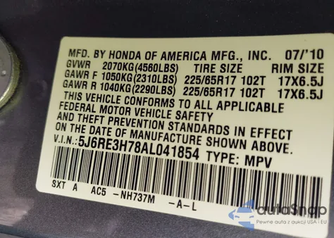 2010 Honda Cr-V Ex-L from USA, damaged, VIN 5J6RE3H78AL041854